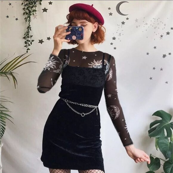 Sheer Black Mesh Crop Top W/ Sun & Moon Celestial Print & Long Sleeves – NWT - Picture 6 of 8